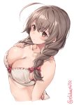  1girl absurdres ahoge blush bra braid breasts brown_eyes brown_hair collarbone cropped_torso ebifurya enty_reward eyebrows_visible_through_hair hair_between_eyes highres kantai_collection large_breasts long_hair paid_reward parted_lips shinshuu_maru_(kantai_collection) simple_background solo twin_braids twitter_username underwear white_background white_bra 