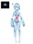  1girl arms_at_sides blue_eyes blue_skin diddms1999 fewer_digits full_body heart jellyfish looking_at_viewer medium_hair monster_girl original oversized_forearms oversized_limbs reference_photo see-through skeleton smile solo transparent white_background 