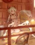  1boy animal_ears bikini blonde_hair collarbone corrin_(fire_emblem) corrin_(fire_emblem)_(male) cow_boy cow_ears cow_horns cow_tail crossdressinging fire_emblem fire_emblem_fates fire_emblem_heroes horns indoors looking_at_viewer male_focus navel nipples open_mouth otoko_no_ko pointy_ears red_eyes samsara_(shuukeura) sitting smile solo spread_legs swimsuit tail thigh-highs undressing 