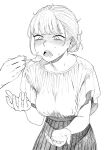  1girl 1other bangs blush breasts earrings greyscale haiokumantan highres jewelry monochrome open_mouth original ponytail saliva simple_background skirt spoon sweat teeth white_background 
