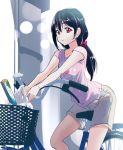  1girl alternate_hairstyle bag bangs bicycle black_hair ground_vehicle hair_between_eyes hair_ornament hair_scrunchie leaning_forward long_hair love_live! love_live!_school_idol_project pink_shirt plastic_bag print_shirt red_eyes red_scrunchie riding scrunchie shiny shiny_hair shirt short_shorts short_sleeves shorts sketch solo urutsu_sahari white_background white_shorts yazawa_nico 