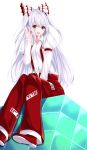  1girl absurdres alternate_hairstyle arm_up armband between_legs commentary_request cube dutch_angle eyebrows_visible_through_hair fujiwara_no_mokou hair_between_eyes hair_bobbles hair_ornament hair_ribbon hand_between_legs highres kure:kuroha light_blush long_hair long_sleeves looking_at_viewer ofuda open_mouth pants partial_commentary red_eyes red_footwear red_pants ribbon shirt simple_background sitting solo suspenders touhou two_side_up upper_teeth very_long_hair white_background white_hair white_shirt 