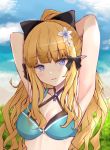  1girl 1x4v4 armpits bangs bikini black_bow blonde_hair blue_eyes blush bow breasts elf eyebrows_visible_through_hair flower hair_bow hair_flower hair_ornament highres large_breasts long_hair looking_at_viewer open_mouth pointy_ears ponytail princess_connect! princess_connect!_re:dive saren_(princess_connect!) smile solo swimsuit 