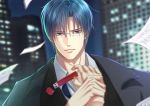 1boy black_suit blue_hair blurry blurry_background formal glasses hand_up holding_hand izumi_(stardustalone) jacket_on_shoulders looking_at_viewer male_focus night outdoors paper student_solver suit upper_body usb violet_eyes 