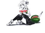  1girl black_legwear black_skirt black_vest boots closed_mouth collared_shirt dated eating food fruit full_body hair_ribbon knife on_floor ribbon rumia rumiak shirt short_hair signature simple_background sitting sitting_on_floor skirt sleeves_rolled_up slit_pupils solo thigh-highs touhou traditional_media vest watermelon wavy_hair white_background white_shirt 