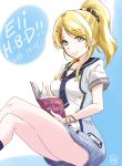  1girl 2018 ayase_eli bangs black_bow blonde_hair blue_eyes blue_neckwear blue_sailor_collar blue_skirt bow bracelet character_name closed_mouth collarbone collared_shirt crossed_legs dated hair_bow hair_ornament hairclip high_ponytail highres holding jewelry long_hair love_live! love_live!_school_idol_project miniskirt reading sailor_collar sailor_shirt shiny shiny_hair shirt short_sleeves sitting skirt smile solo striped swept_bangs urutsu_sahari vertical-striped_skirt vertical_stripes white_shirt 