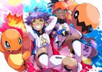  2boys absurdres arms_up black_hair blue_eyes blush charmander commentary_request dande_(pokemon) dark_skin dark_skinned_male fire gen_1_pokemon gen_3_pokemon gloves highres holding holding_poke_ball kibana_(pokemon) looking_at_viewer making-of_available multiple_boys open_mouth orange_headwear poke_ball pokemon pokemon_(creature) pokemon_(game) pokemon_swsh pon_yui print_shirt print_shorts purple_hair shirt shorts single_glove smile teeth tongue trapinch ultra_ball yellow_eyes younger 