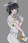  1girl angel azazel_(helltaker) black_hair blue_eyes cross gloves grey_background halo helltaker holding_notepad hungry_dawson notepad open_mouth pants pencil ribbon short_hair short_sleeves smile solo white_gloves white_pants white_ribbon 