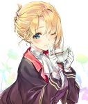  1girl ;) agent_(ash_arms) ascot ash_arms bangs black_jacket black_vest blonde_hair blue_eyes closed_mouth commentary cup dress_shirt eyebrows_visible_through_hair finger_to_mouth gloves high_collar holding holding_cup ichimasa_game jacket leaning_forward long_sleeves looking_at_viewer one_eye_closed shirt short_hair shushing sidelocks sitting smile solo teacup tied_hair vest white_background white_gloves white_neckwear white_shirt 