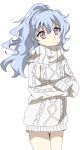  1girl artist_name beyblade beyblade_(object) blue_hair breasts chankyone character_name closed_mouth covered_nipples crossed_arms large_sweater legs loli long_hair nishiro_nya open_eyes short_twintails simple_background small_breasts solo sweater twintails violet_eyes white_background 
