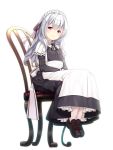  1girl apron black_dress brown_footwear chair dress full_body hands_together long_hair looking_at_viewer maid maid_headdress original red_eyes shoes silver_hair simple_background sitting smile solo thigh-highs usume_shirou white_apron white_background white_legwear 