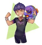  1boy black_shirt clenched_hand clenched_teeth collarbone commentary_request crossover dark_skin dark_skinned_male flexing hands_up holding hop_(pokemon) hoplin looking_at_viewer orange_eyes pokemon pokemon_(game) pokemon_swsh poroi_(poro586) pose purple_hair ring_fit_adventure shirt short_hair short_sleeves smile teeth two-tone_background v-shaped_eyebrows wristband 