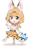  1girl animal_ears blush bow bowtie chibi elbow_gloves eyebrows_visible_through_hair fang gloves highres kemono_friends looking_at_viewer lucky_beast_(kemono_friends) orange_bow orange_eyes orange_hair orange_neckwear orange_skirt over-kneehighs serval_(kemono_friends) serval_ears serval_print serval_tail short_hair skirt smile tail takosuke0624 thigh-highs 