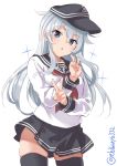  1girl anchor_symbol black_headwear black_legwear black_sailor_collar black_skirt blue_eyes blush cowboy_shot double_v ebifurya eyebrows_visible_through_hair flat_cap hair_between_eyes hat hibiki_(kantai_collection) highres kantai_collection long_hair long_sleeves neckerchief open_mouth pleated_skirt red_neckwear sailor_collar school_uniform serafuku silver_hair simple_background skirt solo thigh-highs twitter_username v white_background 