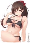  1girl ahoge bikini black_bikini blush breasts brown_eyes brown_hair collarbone ebifurya eyebrows_visible_through_hair front-tie_bikini front-tie_top groin hair_ribbon highres kantai_collection large_breasts long_hair mamiya_(kantai_collection) multi-strapped_bikini navel red_ribbon ribbon side-tie_bikini simple_background solo swimsuit twitter_username white_background 