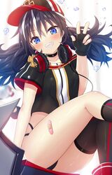  1girl azur_lane bandaid bandaid_on_leg bangs bikini bikini_bottom black_bikini black_gloves black_hair black_legwear black_shirt blue_eyes blush choker collarbone crossed_bangs eyebrows_visible_through_hair fingerless_gloves floating_hair gloves grin hand_up hat headphones headphones_around_neck highres iron_cross knee_up leg_up long_hair looking_at_viewer low_twintails mismatched_legwear multi-strapped_bikini multicolored_hair off-shoulder_shirt off_shoulder shirt short_sleeves simple_background single_sock single_thighhigh sitting smile socks solo streaked_hair swimsuit thigh-highs thighs twintails u-101_(azur_lane) w water_drop white_background yano_mitsuki 