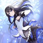  1girl akemi_homura black_hair black_hairband blurry blush boots capelet clenched_hands closed_mouth commentary_request depth_of_field eyebrows_visible_through_hair eyelashes floating_hair grey_capelet grey_skirt hair_between_eyes hairband high_heel_boots high_heels highres long_hair looking_at_viewer mahou_shoujo_madoka_magica pleated_skirt pon_yui shiny shiny_hair shirt skirt solo violet_eyes white_shirt 