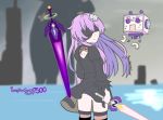  1girl black_blindfold blindfold cosplay covered_eyes d-pad d-pad_hair_ornament feather-trimmed_sleeves hair_ornament highres holding holding_sword holding_weapon nepgear neptune_(series) nier_(series) nier_automata sword weapon yorha_no._2_type_b yorha_no._2_type_b_(cosplay) 