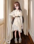  1girl absurdres bangs belt brown_hair child curtains dress full_body hair_ornament hairclip hand_on_hip highres indoors light_smile long_hair long_sleeves looking_at_viewer medium_dress nadegata original shoes sneakers solo standing very_long_hair white_dress 