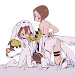  2girls angewomon angewomon_(cosplay) animal_hood ass back bare_shoulders brown_eyes brown_hair cosplay digimon digimon_adventure digimon_adventure_02 dressing dual_persona gloves hair_ornament hairclip highres hood mouth_pull multiple_girls paw_gloves paws primejr short_hair simple_background single_legging tailmon tailmon_(cosplay) thigh_strap unzipped whistle whistle_around_neck white_background yagami_hikari 