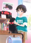  1girl ahoge backpack bag bangs bell black_hair blue_eyes book bow calendar_(object) cat day eyebrows_visible_through_hair highres indoors jingle_bell original randoseru red_bow short_hair smile solo standing taka_(tsmix) 