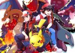  2boys absurdres baseball_cap black_hair blue_pants charizard closed_mouth dual_persona fingerless_gloves gen_1_pokemon gloves hat highres holding holding_poke_ball multiple_boys open_mouth pants pikachu poke_ball poke_ball_(generic) pokemon pokemon_(creature) pokemon_(game) pokemon_masters pokemon_special pon_yui red_(pokemon) shoes teeth tongue v-shaped_eyebrows venusaur 