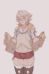  1boy adonis_belt atelier_(series) atelier_ryza blonde_hair boots bulge corrin_(fire_emblem) corrin_(fire_emblem)_(male) cosplay crossdressinging fire_emblem fire_emblem_fates fire_emblem_heroes highres jewelry looking_at_viewer male_focus navel necklace pointy_ears red_eyes reisalin_stout reisalin_stout_(cosplay) samsara_(shuukeura) shirt_lift shorts smile solo standing thigh-highs thigh_boots thigh_gap 
