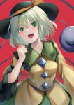  1girl absurdres bow collar collarbone collared_shirt cowboy_shot eyeball eyebrows_visible_through_hair fangs frilled_collar frilled_sleeves frills green_eyes green_hair green_skirt hat hat_bow hat_ribbon heart heart_of_string highres huge_filesize koizumo komeiji_koishi long_sleeves looking_at_viewer open_mouth red_background ribbon shirt simple_background skirt smile string third_eye touhou wavy_hair wide_sleeves yellow_bow yellow_ribbon yellow_shirt 