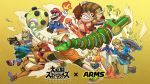  3girls arm_cannon arms_(game) banana banana_peel barrel beanie blonde_hair copyright_name donkey_kong donkey_kong_(series) doubutsu_no_mori dragon_(arms) fighting_stance food fox_mccloud fruit gun hat highres ink inkling ishikawa_masaaki jacket link mario super_mario_bros. master_sword megawatt_(arms) metroid min_min_(arms) multiple_girls official_art samus_aran shield shizue_(doubutsu_no_mori) short_hair splatoon_(series) star_fox super_smash_bros. sword the_legend_of_zelda the_legend_of_zelda:_breath_of_the_wild weapon yellow_background 