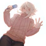 1boy blonde_hair corrin_(fire_emblem) corrin_(fire_emblem)_(male) crossdressinging fangs fire_emblem fire_emblem_fates fire_emblem_heroes from_below looking_down male_focus pointy_ears red_eyes ribbed_sweater samsara_(shuukeura) simple_background smile solo sweater white_background 