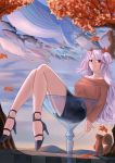  1girl absurdres azur_lane bare_legs belt black_footwear black_skirt breasts brown_sweater clouds cloudy_sky collarbone cup drinking_glass glass hair_ribbon high_heels highres hsubo huge_filesize legs long_hair looking_at_viewer manly orange_eyes petals prinz_eugen_(azur_lane) ribbon shoes silver_hair sitting sitting_on_object skirt sky smile solo squirrel sweater thighs whale wine_glass wood 