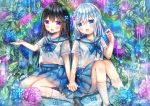  2girls :d bangs black_hair blue_bow blue_eyes blue_flower blue_sailor_collar blue_skirt blush bow brown_footwear commentary_request eyebrows_visible_through_hair flower hair_between_eyes hair_ornament hand_up highres holding_hands hydrangea interlocked_fingers kohaku_muro loafers long_hair multiple_girls open_mouth original pleated_skirt purple_flower rain sailor_collar school_uniform see-through serafuku shirt shoes short_sleeves signature silver_hair skirt smile socks very_long_hair violet_eyes wet wet_clothes wet_shirt white_legwear white_shirt 