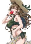  1girl ahoge bangs bare_shoulders blush bracelet breasts brown_eyes brown_hair commentary_request crop_top earrings eating food from_side fruit fukuyama_satoshi green_tank_top hair_between_eyes halterneck hat highres idolmaster idolmaster_shiny_colors jewelry kuwayama_chiyuki large_breasts long_hair print_sarong sarong standing stomach tank_top white_background 