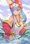  1girl blue_hair breasts gloves hat ice jewelry kula_diamond long_hair looking_at_viewer medium_breasts necklace scarf shopp smile tank_top the_king_of_fighters violet_eyes water 