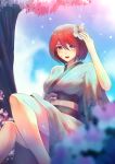  1girl :d boiling_bolt cherry_blossoms ctiahao english_commentary flower green_eyes hair_between_eyes hair_flower hair_ornament highres japanese_clothes june_(boiling_bolt) kimono obi open_mouth redhead sash short_hair sitting smile solo spring_(season) thighs 