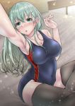  1girl aqua_hair bed commentary_request competition_swimsuit covered_navel cowboy_shot green_eyes grey_legwear grey_swimsuit hair_ornament hairclip kantai_collection long_hair looking_at_viewer one-piece_swimsuit self_shot shohei_(piranha5hk) solo suzuya_(kantai_collection) swimsuit thigh-highs 