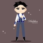  1boy black_hair character_name clenched_hand cravat english_text grey_eyes grey_pants highres ice_skates jacket kaorin_minogue male_focus otabek_altin pants skates sparkle star-shaped_pupils star_(symbol) symbol-shaped_pupils yuri!!!_on_ice 