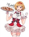  1girl :d alternate_costume blonde_hair brown_eyes clenched_hand djeeta_(granblue_fantasy) dress english_commentary english_text eyebrows_visible_through_hair food gloves granblue_fantasy hairband holding holding_food looking_at_viewer nagu name_tag open_mouth pizza red_hairband short_hair simple_background smile solo thigh-highs white_background white_dress white_gloves white_legwear 