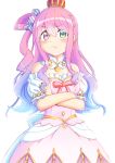  1girl blush candy_hair_ornament commentary_request crossed_arms crown dress food_themed_hair_ornament hair_between_eyes hair_ornament hair_rings highres himemori_luna hololive ichinoseivu long_hair looking_at_viewer pink_hair pout simple_background solo virtual_youtuber white_background 