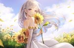  1girl bangs blue_sky blush breasts clouds commentary_request day detached_sleeves dress eyebrows_visible_through_hair floating_hair flower holding holding_flower long_hair long_sleeves looking_at_viewer looking_to_the_side lunacle original outdoors parted_lips petals silver_hair sky small_breasts solo strapless strapless_dress summer sunflower two_side_up very_long_hair violet_eyes white_dress white_flower yellow_flower 