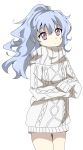 1girl artist_name beyblade beyblade:_burst blue_hair breasts chankyone closed_mouth crossed_arms highres large_sweater legs long_hair md5_mismatch nishiro_nya open_eyes resolution_mismatch shy simple_background solo source_smaller violet_eyes white_background 