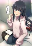  1girl alternate_costume asashio_(kantai_collection) black_hair black_legwear black_skirt blue_eyes blush chocolate comala_(komma_la) eyebrows_visible_through_hair food hair_between_eyes highres holding holding_food ipad kantai_collection long_hair long_sleeves open_mouth pink_shirt shirt skirt solo speech_bubble tablet_pc thigh-highs translation_request 