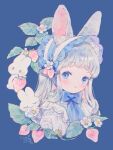 1girl animal_ears blue_background blue_eyes blue_ribbon conago eyebrows_visible_through_hair flower food frilled_hairband frills fruit hairband highres lace leaf long_hair neck_ribbon original parted_lips personification rabbit rabbit_ears ribbon shirt smile solo strawberry white_flower white_hair white_shirt 