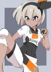  1girl closed_mouth covered_navel dark_skin expressionless eyebrows grey_eyes grey_hair hairband highres leg_up looking_away poke_ball pokemon pokemon_(game) pokemon_swsh saitou_(pokemon) short_hair short_sleeves solo takosuke0624 ultra_ball 