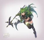  1girl :d antenna_hair arknights bangs black_footwear black_shirt black_shorts boots commentary crocodilian_tail dated full_body gavial_(arknights) glowing glowing_eyes green_hair green_jacket grey_background hair_between_eyes highres holding holding_weapon jacket long_hair looking_at_viewer midriff navel open_clothes open_jacket open_mouth ore_lesion_(arknights) pointy_ears pouch shirt short_shorts shorts simple_background smile solo stomach sword tail thigh-highs thigh_boots v-shaped_eyebrows weapon white_background yellow_eyes yumero 