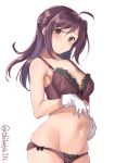  1girl ahoge bangs black_ribbon blush bra breasts brown_eyes collarbone cowboy_shot ebifurya frilled_bra frills gloves hagikaze_(kantai_collection) highres kantai_collection long_hair looking_at_viewer medium_breasts navel one_side_up open_mouth panties purple_bra purple_hair purple_panties ribbon ribbon_panties solo stomach twitter_username underwear white_background white_gloves yellow_eyes 