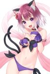  1girl :3 :d animal_ears anz32 bangs bare_shoulders bikini blush bridal_gauntlets cat_ears cat_girl cat_tail collarbone commentary_request eyebrows_visible_through_hair fang flower gradient_hair hagoromo hair_between_eyes hair_flower hair_ornament hands_up multicolored_hair multiple_tails navel open_mouth paw_pose princess_connect! princess_connect!_re:dive purple_bikini purple_hair red_flower ribbon-trimmed_bikini ribbon_trim shawl side-tie_bikini simple_background smile solo swimsuit tail tamaki_(princess_connect!) two_tails violet_eyes white_background white_hair 