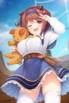  1girl ;d arm_up ass_visible_through_thighs bangs belt blue_hairband blue_skirt blue_sky blush breasts brown_eyes brown_hair day draph eyebrows_visible_through_hair granblue_fantasy hair_bobbles hair_ornament hairband highres horns kusunoki_(escude) large_breasts long_sleeves looking_at_viewer one_eye_closed open_mouth oppai_loli outdoors panties pantyshot pink_panties shirt short_hair skindentation skirt sky smile solo standing stuffed_animal stuffed_toy thigh-highs underwear v white_legwear white_shirt yaia_(granblue_fantasy) 