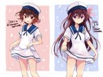  2girls :d blush brown_hair cosplay dated dress dress_lift eyebrows_visible_through_hair feet_out_of_frame hair_between_eyes hat hiburi_(kantai_collection) hiburi_(kantai_collection)_(cosplay) kantai_collection kisaragi_(kantai_collection) lifted_by_self long_hair multiple_girls mutsuki_(kantai_collection) odawara_hakone open_mouth red_eyes sailor_dress sailor_hat short_hair short_sleeves smile twitter_username violet_eyes white_dress white_headwear 