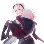  2girls assault_rifle blue_eyes blush boots carrying commentary_request dirty dirty_face embarrassed gentiane_(girls_frontline) girls_frontline gun multiple_girls princess_carry rifle sharp_teeth shuzi sl8_(girls_frontline) teeth torn_clothes weapon 